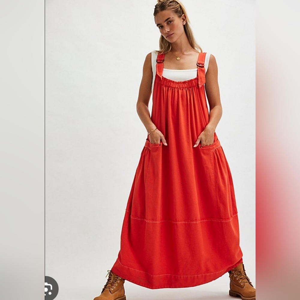 Free People Fire Orange Machu Barrel Overall Maxi Dress